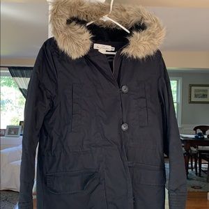 Cotton jacket with removable fur hood trim